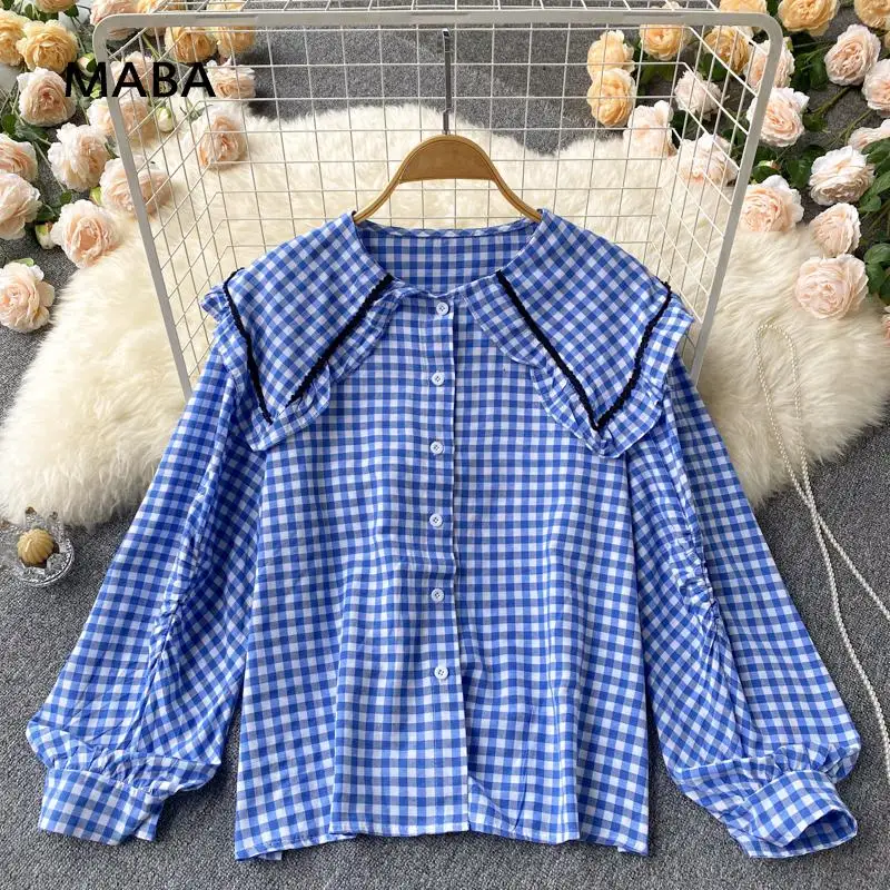 Korean Plaid Shirt Women 2022 Spring Female Sailor Collar Long Sleeve Loose Casual Cotton Top And Blouses
Korean Plaid Shirt Women 2022 Spring Female Sailor Collar Long Sleeve Loose Casual Cotton Top And Blouses