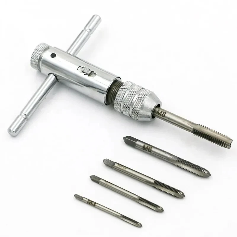 Adjustable Silver T-Handle Ratchet Tap Holder Wrench with 5pcs M3-M8 3mm-8mm Machine Screw Thread Metric Plug T-shaped Tap
Adjustable Silver T-Handle Ratchet Tap Holder Wrench with 5pcs M3-M8 3mm-8mm Machine Screw Thread Metric Plug T-shaped Tap