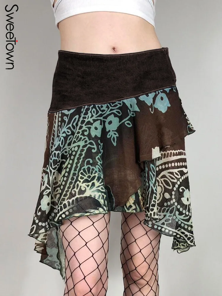Sweetown Vintage Print Patchwork Irregular Mesh Skirts Womens Aesthetic Grunge Summer Beach Holiday Short Skirt
Sweetown Vintage Print Patchwork Irregular Mesh Skirts Womens Aesthetic Grunge Summer Beach Holiday Short Skirt
