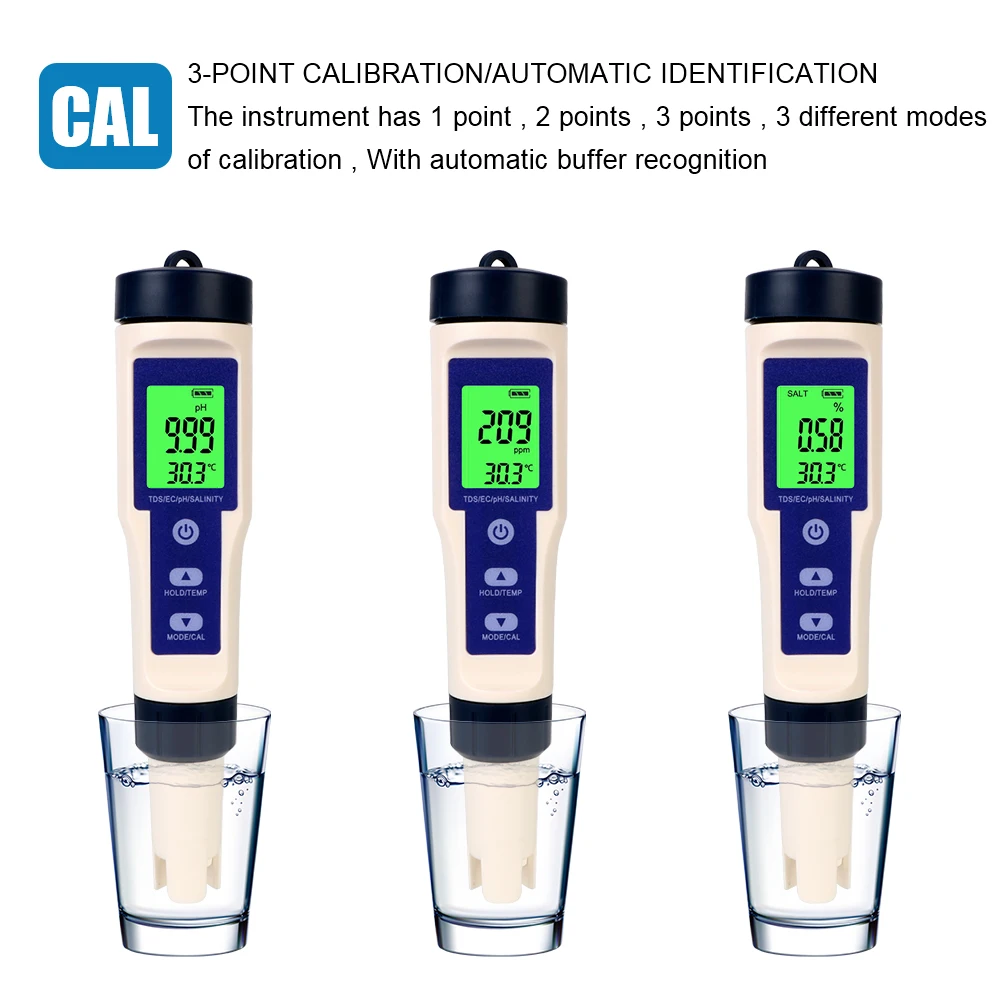 

5 in 1 PH/TDS/EC/SALT/TEMP Digital Water Quality Detector Temperature Hydrogen-rich Meter Purity Measure Tool For Pools Aquarium