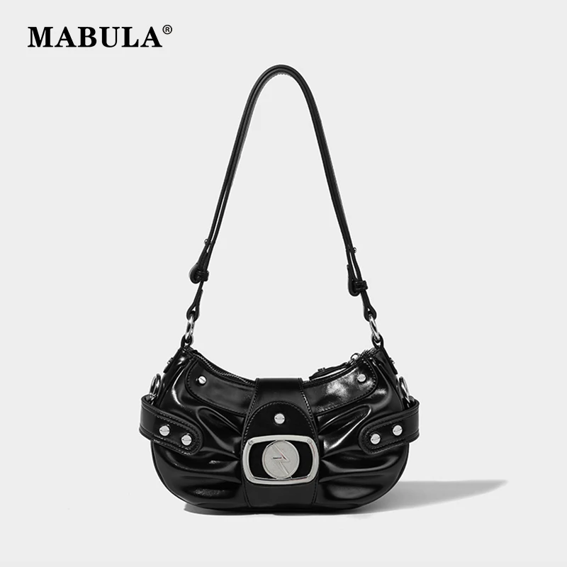 

MABULA Cool Style Rivet Women Shoulder Bags Fashion Pleated Leather Phone Purses Tote Handbag Black Female Crossbody Bag