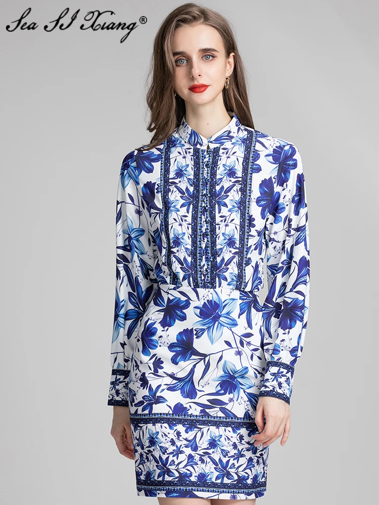 Seasixiang Fashion Summer Suit Women Stand Collar Long Sleeve Shirt + Pencil Skirts Vintage Blue Flower Print Two Pieces Set
Seasixiang Fashion Summer Suit Women Stand Collar Long Sleeve Shirt + Pencil Skirts Vintage Blue Flower Print Two Pieces Set