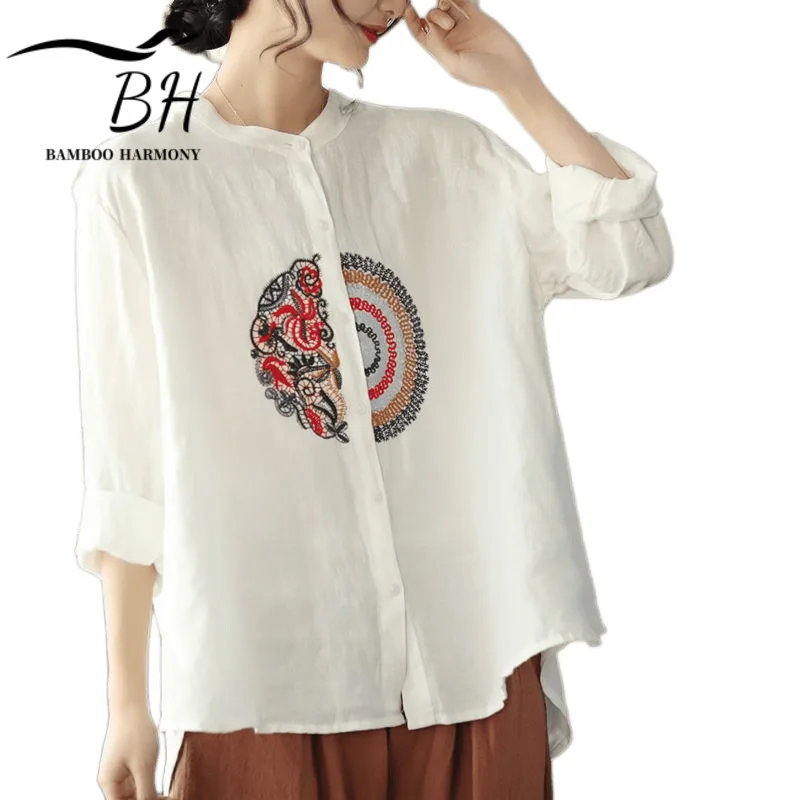 Women's Chinese Style Floral Embroidered Linen Long Sleeve Shirt 
Women's Chinese Style Floral Embroidered Linen Long Sleeve Shirt