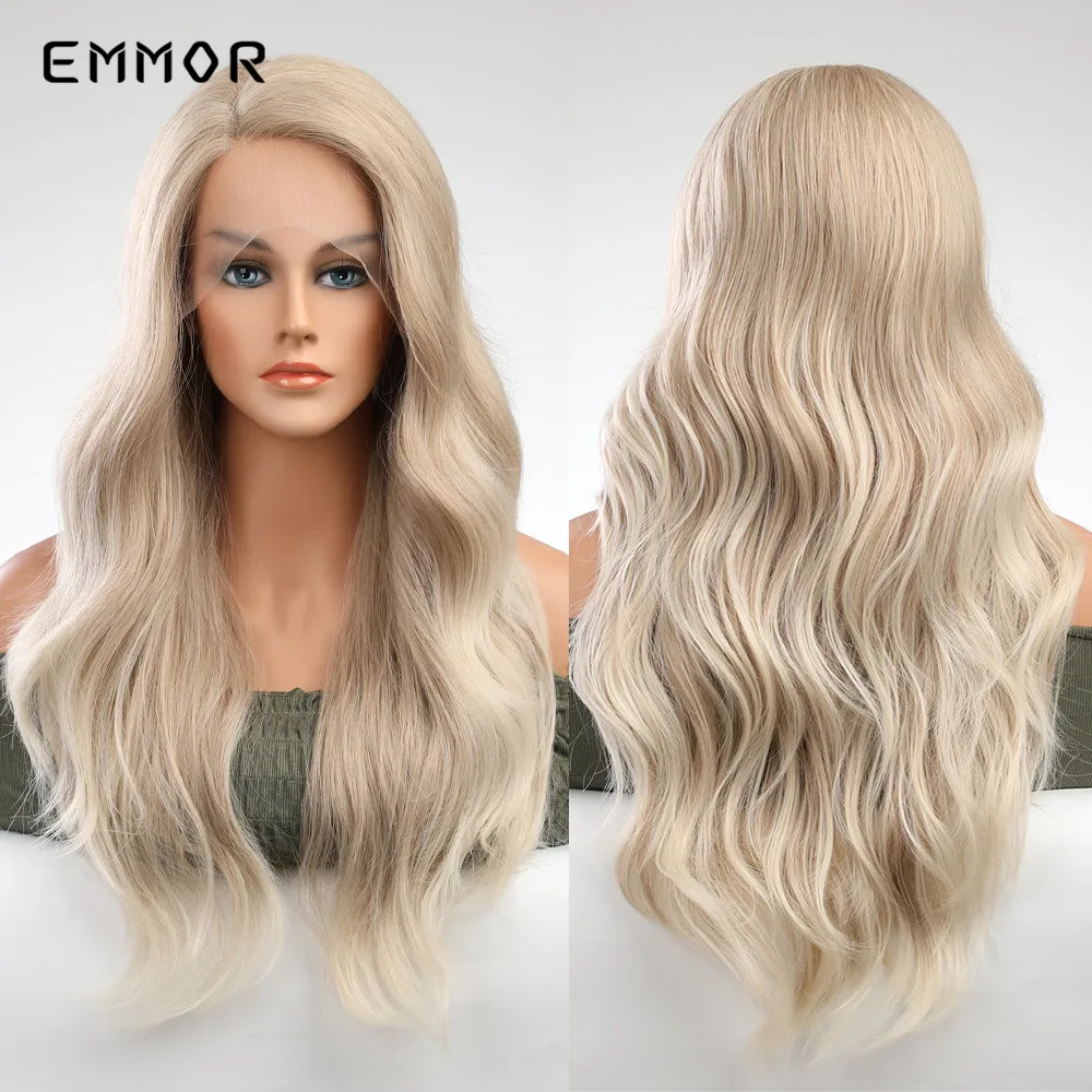 

Emmor Synthetic T-part Lace Wigs Part Long Wavy Root Brown Ombre Light Blonde Wig for Women Nature Heat Resistant Hair Daily Wig