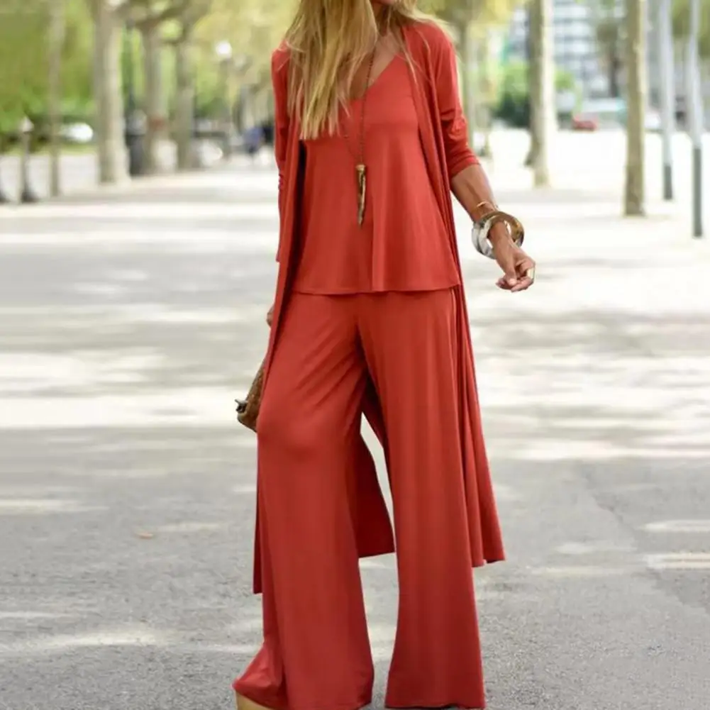 Vest Pants Coat Set Versatile Women's 3-piece Casual Set V-neck Sling Vest Wide Leg Pants Long Sleeve Cardigan Coat Solid Color
Vest Pants Coat Set Versatile Women's 3-piece Casual Set V-neck Sling Vest Wide Leg Pants Long Sleeve Cardigan Coat Solid Color