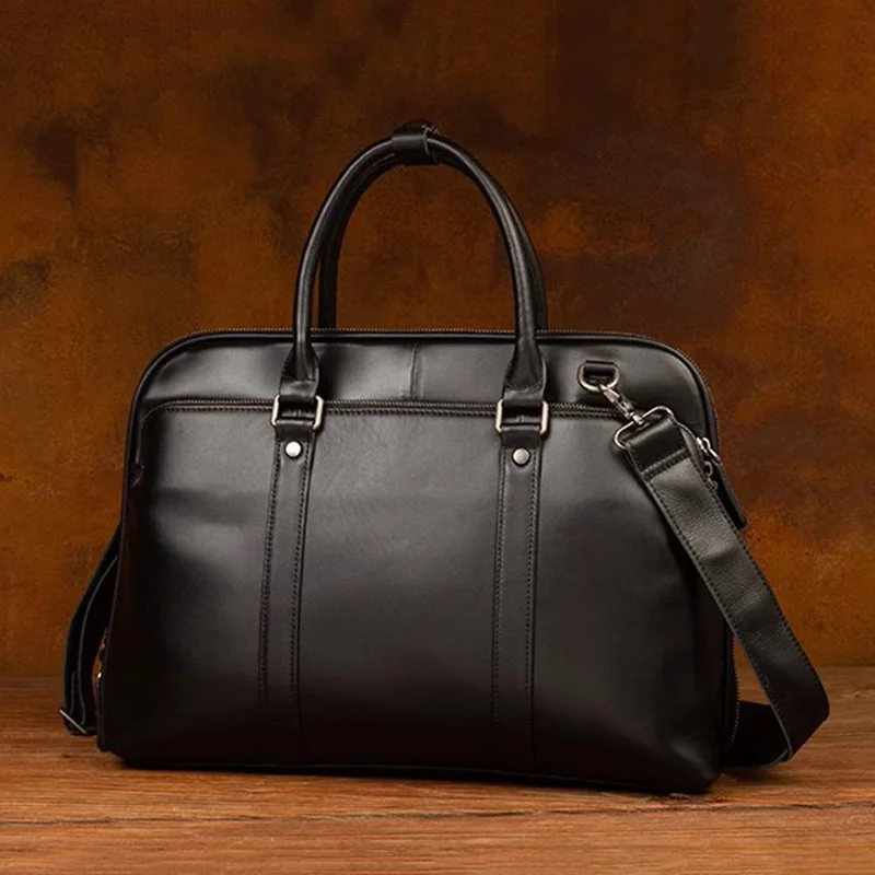 

Leathfocus Vintage Office Black Handbag Top Layer Genuine Leather 15.6 Inch Laptop Bag Business Executive Briefcase for Men