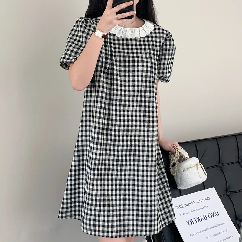 Summer Fashion Sweet Cute Loose Patchwork Lace Plaid Elegant Short Puff Sleeve O-neck Short Dresses Women Ladies A-line Dress
Summer Fashion Sweet Cute Loose Patchwork Lace Plaid Elegant Short Puff Sleeve O-neck Short Dresses Women Ladies A-line Dress