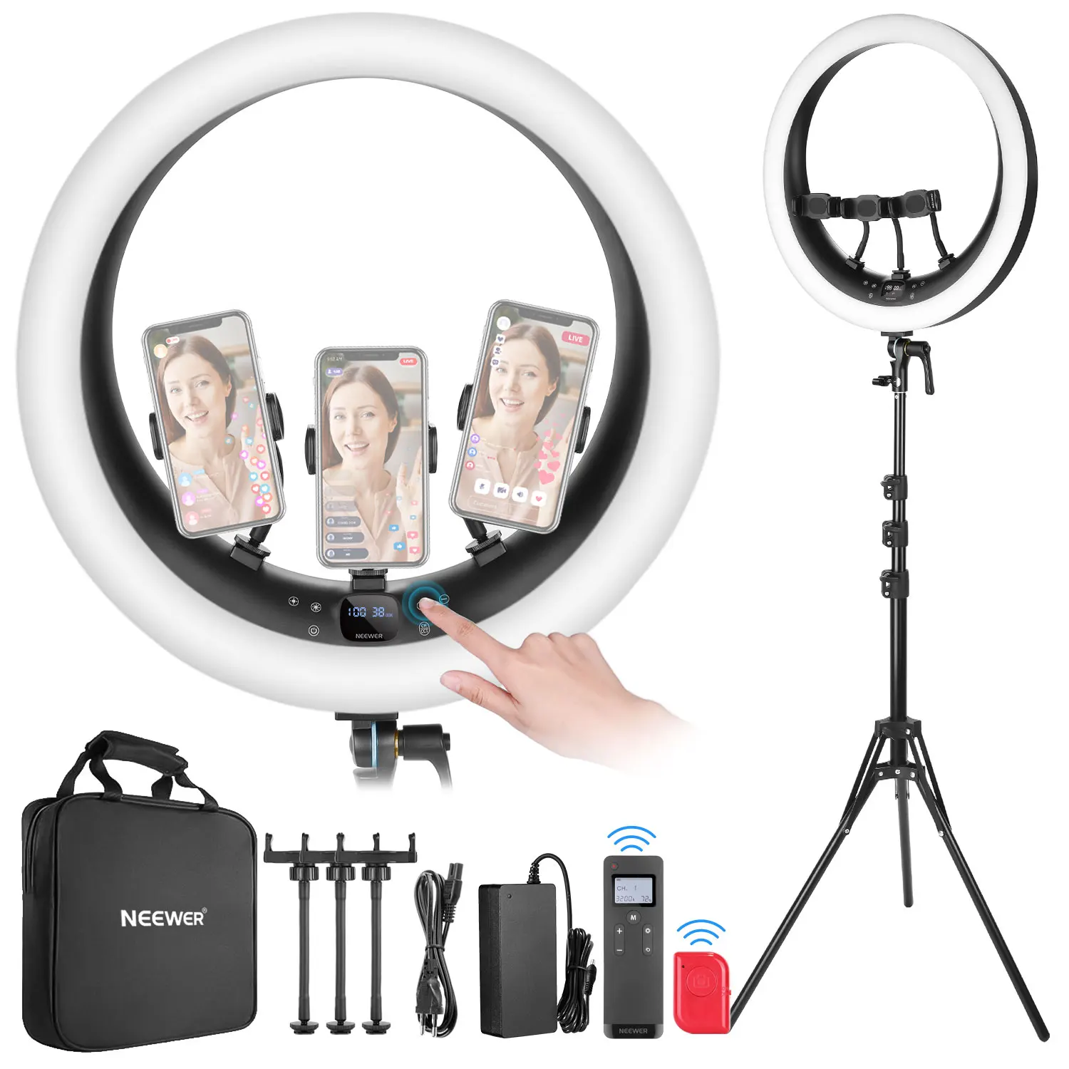 NEEWER 19 inch Ring Light with Stand and 3 Phone Holders, Upgraded 2.4G Control Smooth Dimming at 1%, LCD and Touch Control 
NEEWER 19 inch Ring Light with Stand and 3 Phone Holders, Upgraded 2.4G Control Smooth Dimming at 1%, LCD and Touch Control