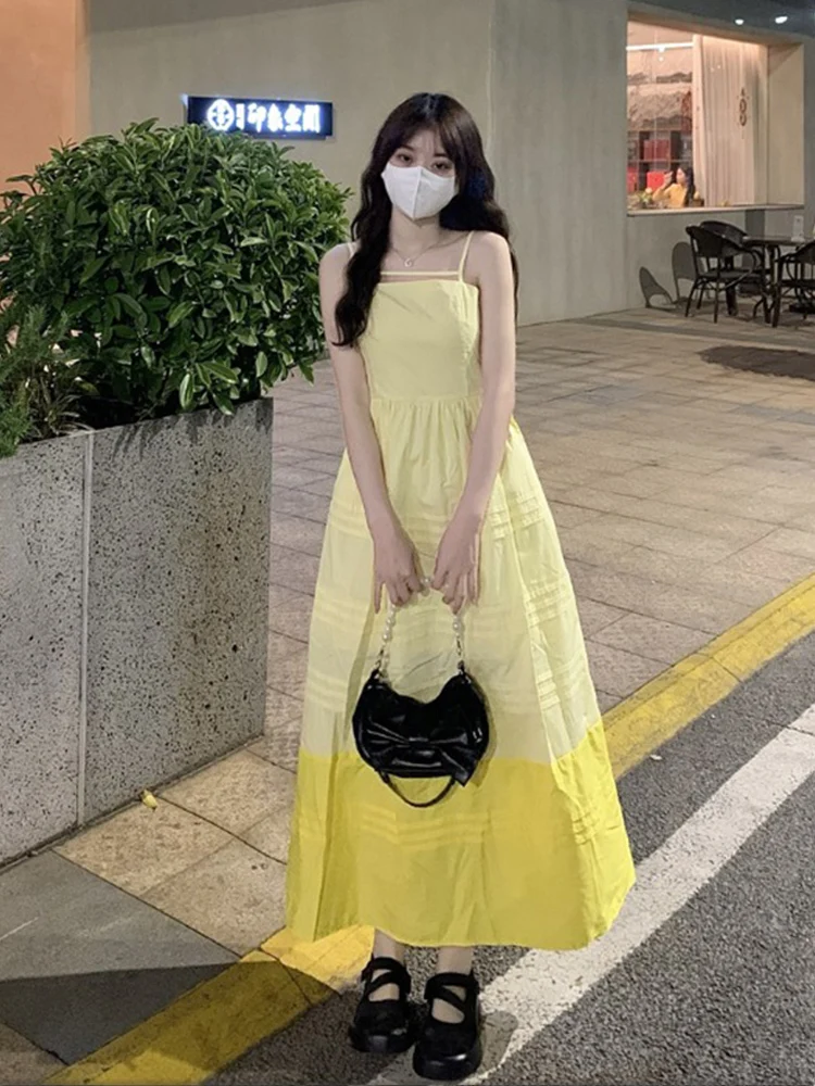 

Women Spaghetti Strap Dress 2023 Summer Clothes Sweet Fairy Seaside Vacation Beach Yellow Strapless Sling Long Dresses