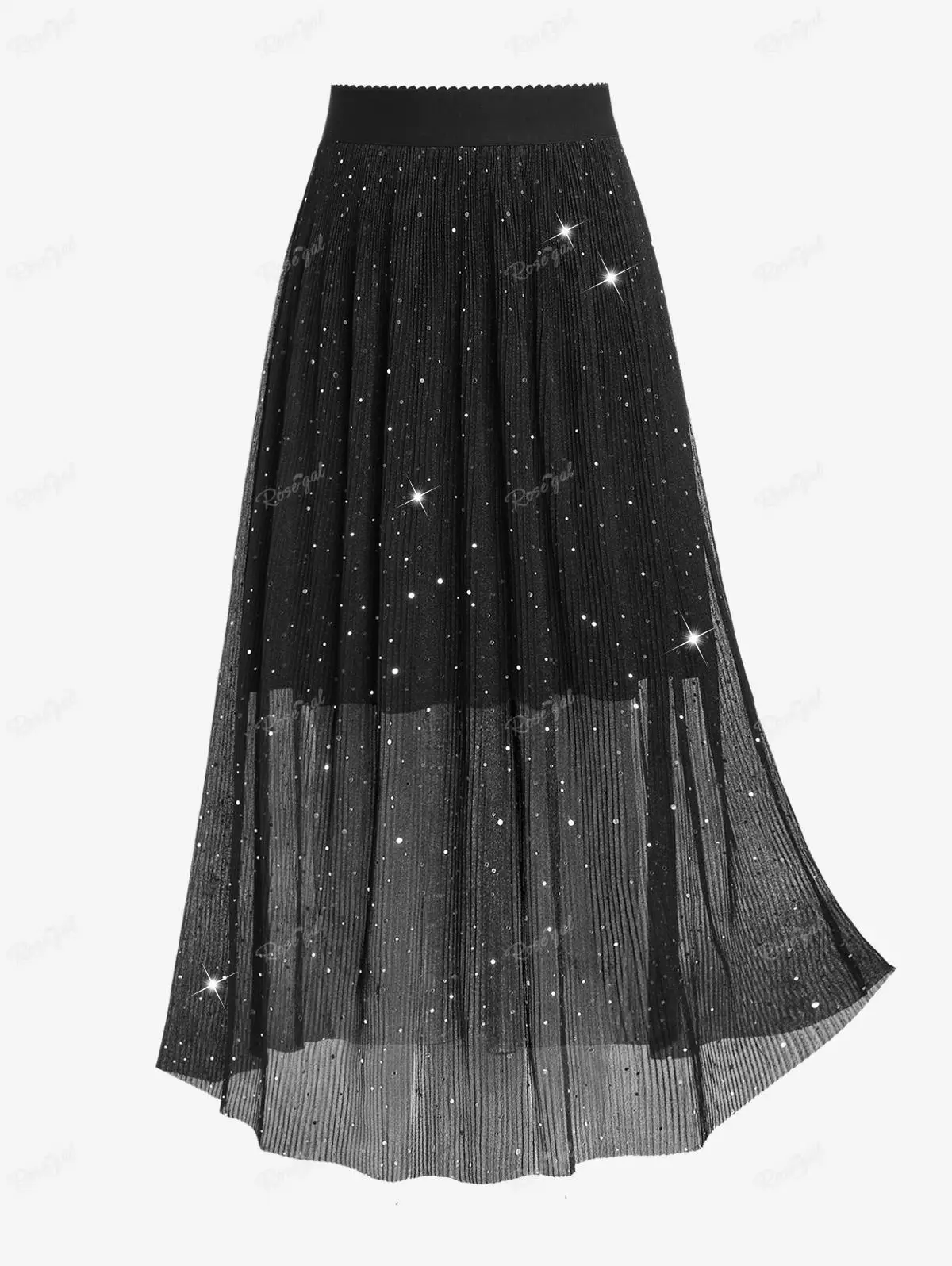 

ROSEGAL Plus Size Sequins Pleated Pull On Midi Skirt Black Fashion High Waisted Double-deck Midi Skirts