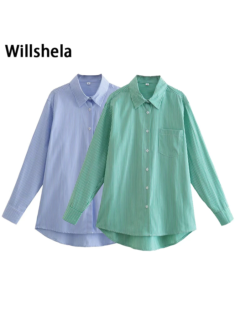 

Willshela Женская модная полосатая однобортная блузка в винтажном стиле с длинными рукавами и отворотом, женские шикарные рубашки