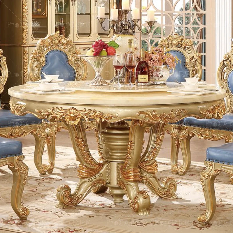 

ProCARE European style dining room furniture villa solid wood luxury marble dining table set