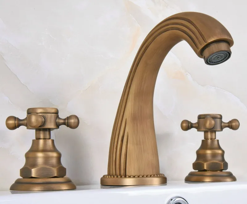 

Double Knob Cross Handle Retro Brass Widespread Basin Faucet Bathroom Sink Hot And Cold Water Tap Deck Mounted 3 Hole Dan068