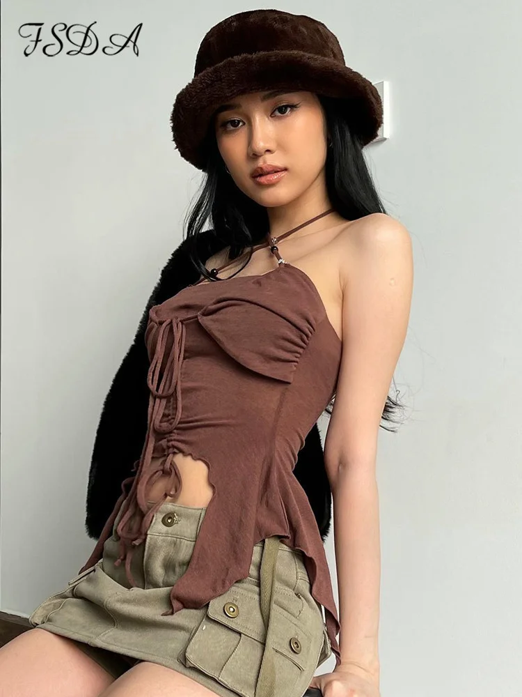 Halter Neck Women Crop Top Hollow Out Bandage Y2K Brown Cami Black Summer 2022 Sleeveless Sexy Tank Tops Backless 
Halter Neck Women Crop Top Hollow Out Bandage Y2K Brown Cami Black Summer 2022 Sleeveless Sexy Tank Tops Backless