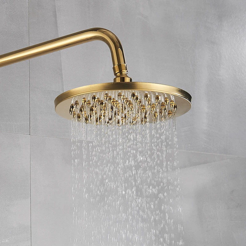 

Polished Golden 8 inch Round Rainfall Shower Head ,G1/2" Wall Mounted Shower Arm Extension Pipe For Rain Shower Head