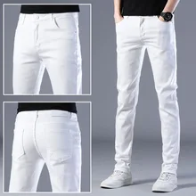 2023 Spring and Summer New Fashion Trend White Jeans Mens Casual Elastic Comfortable Large Size High-Quality Small Foot Pants