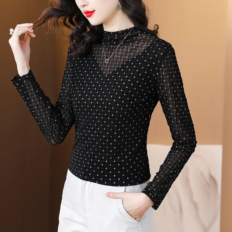 #9360 Black Plaid Mesh T Shirt Women Thin Shinny Sexy Office Skinny T-shirt Female Long Sleeve Elegant Elastic Tee Shirt Femme
#9360 Black Plaid Mesh T Shirt Women Thin Shinny Sexy Office Skinny T-shirt Female Long Sleeve Elegant Elastic Tee Shirt Femme