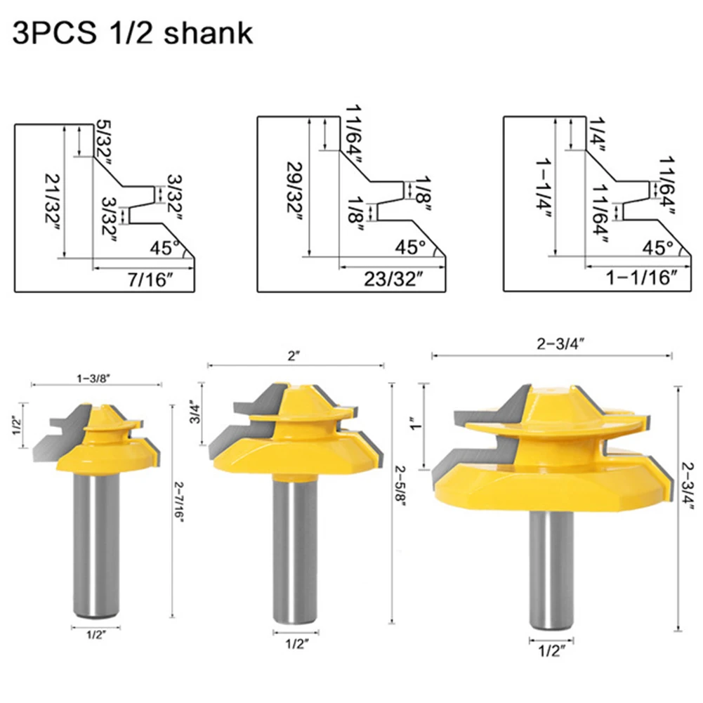 Cutter Router Bit No Edges Tool With Sharp Blade Woodworking Yellow 1/2 Inch Shank 3 Pcs 45 Degree Carbide Alloy
Cutter Router Bit No Edges Tool With Sharp Blade Woodworking Yellow 1/2 Inch Shank 3 Pcs 45 Degree Carbide Alloy