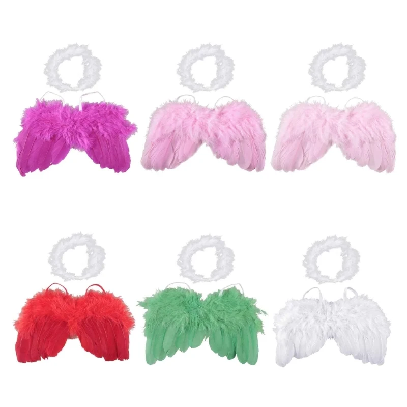 

67JC Valentines Day Baby Costumes Kit Newborn Feathers Halo White Infant Cosplay Photography Prop Outfits Baby Girl Ornament