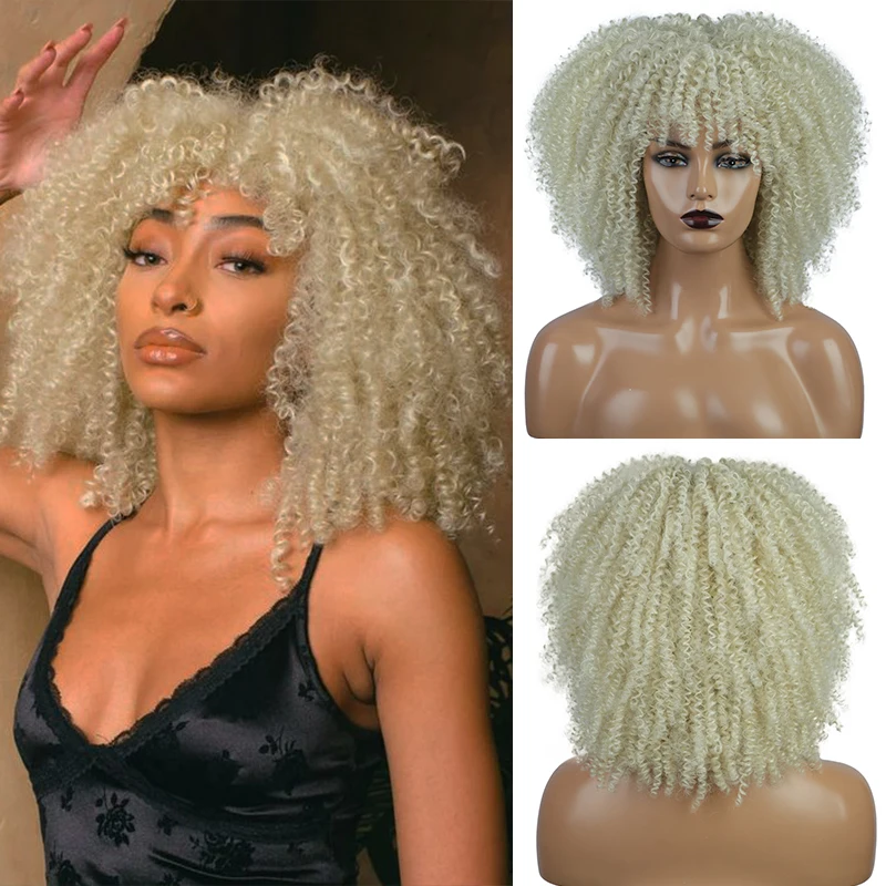 

Short Afro Wig with Bangs Bouncy Fluffy Kinky Curly Wigs for Women Natural Synthetic Blonde 613 Bomb Curly Hair Wig Cosplay Red
