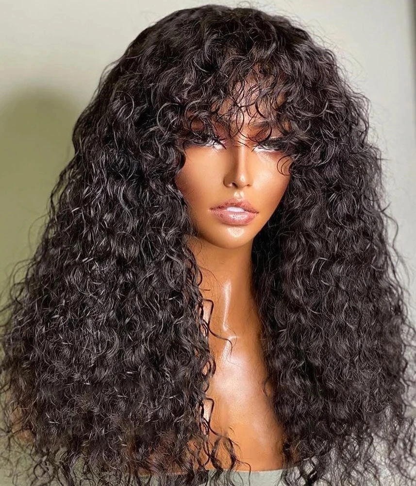 

250Density Afro Kinky Curly Glueless Full Machine Made Wigs With Bangs Peruvian Remy Human Hair Fringe 4b 4c Wig For Black Women