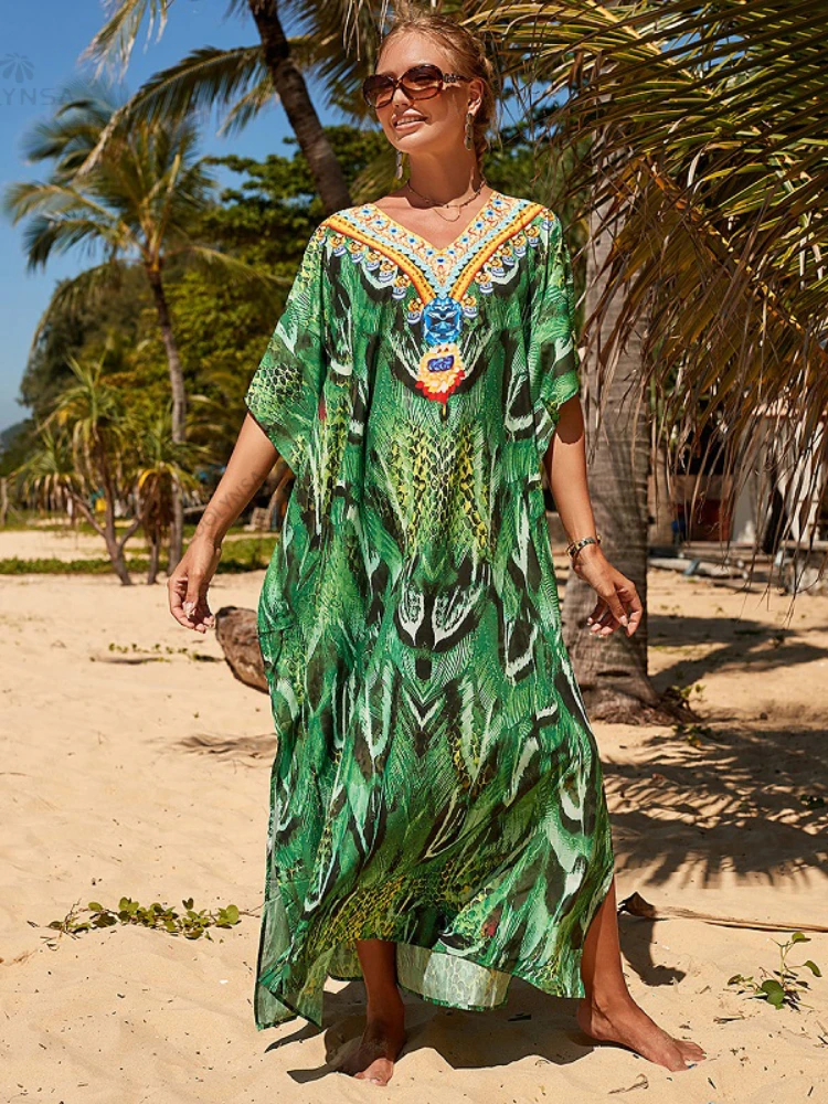 

2023 Long Green Kaftan Bohemian Print V-neck Batwing Sleeve Street Wear Maxi Dress Women Half Sleeve Beachwear Cover-ups Q1336