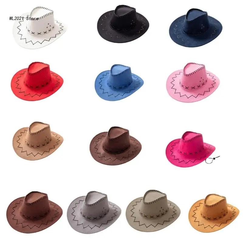 

Parent-child Western Cowboy Hat with Windproof Rope Wide Brim Jazz Hat Suede Cowgirl Hat All-match for Celebrations