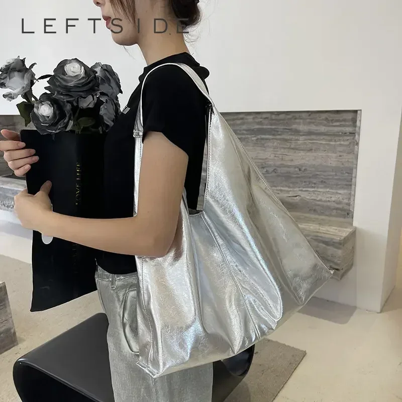 

Большая кожаная дизайнерская Серебристая сумка, женские роскошные сумки LEFTSIDE Y2k, Сумка Хобо на плечо 2023, модная женская вместительная сумка