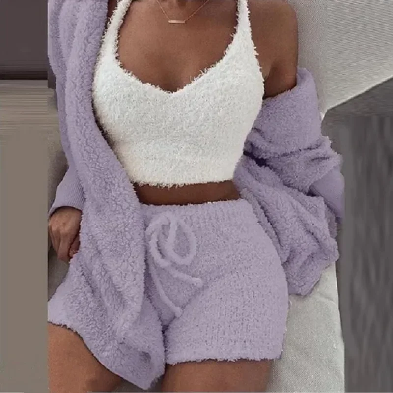 

Sleepwear Women Plus And Pijamas Fluffy Hoodie Casual Pieces Tank Pajamas 3 Shorts Homsuit Teddy Winter for Size Leisure Set Top
