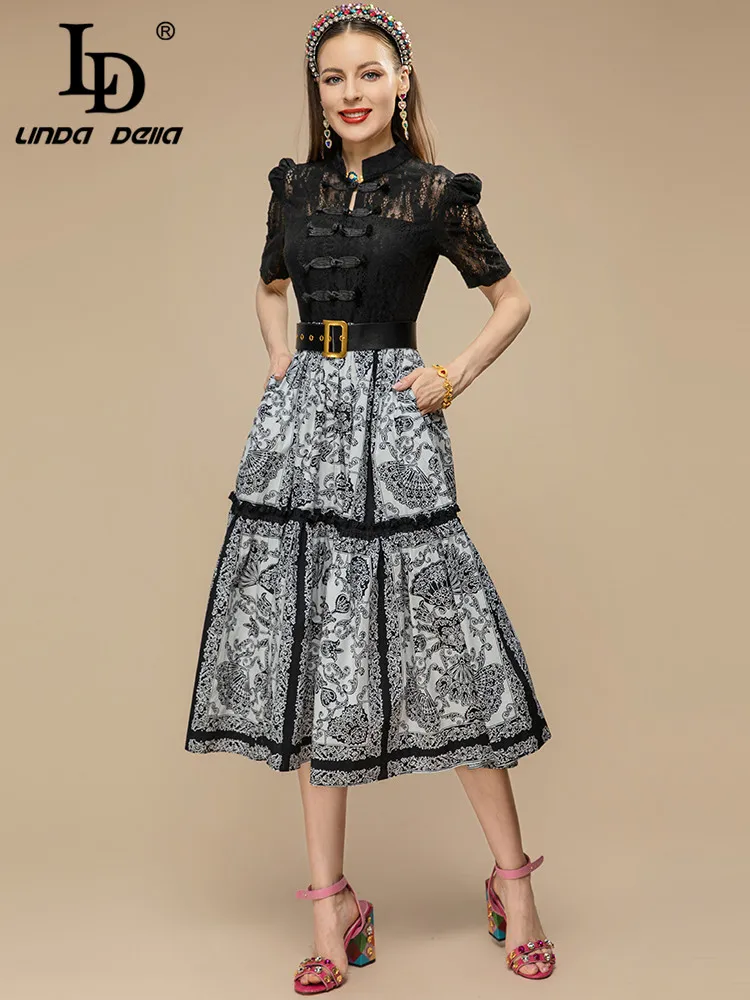 

LD LINDA DELLA New 2023 Fashion Runway Summer Dress Women's Black Short sleeve Lace Patchwork Belted High waist Print Midi Dress
