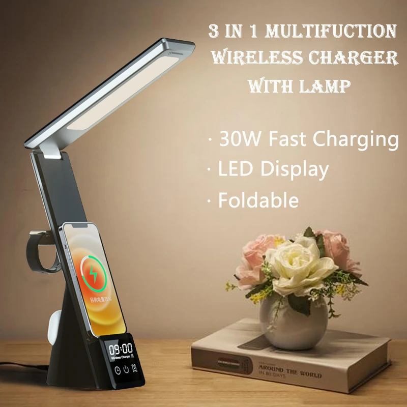 N61 Desk Lamp Multifunction Foldable Fast Wireless Charger for Cell Phone Smart Watch Earphone With Calendar Clock Reading Light 
N61 Desk Lamp Multifunction Foldable Fast Wireless Charger for Cell Phone Smart Watch Earphone With Calendar Clock Reading Light