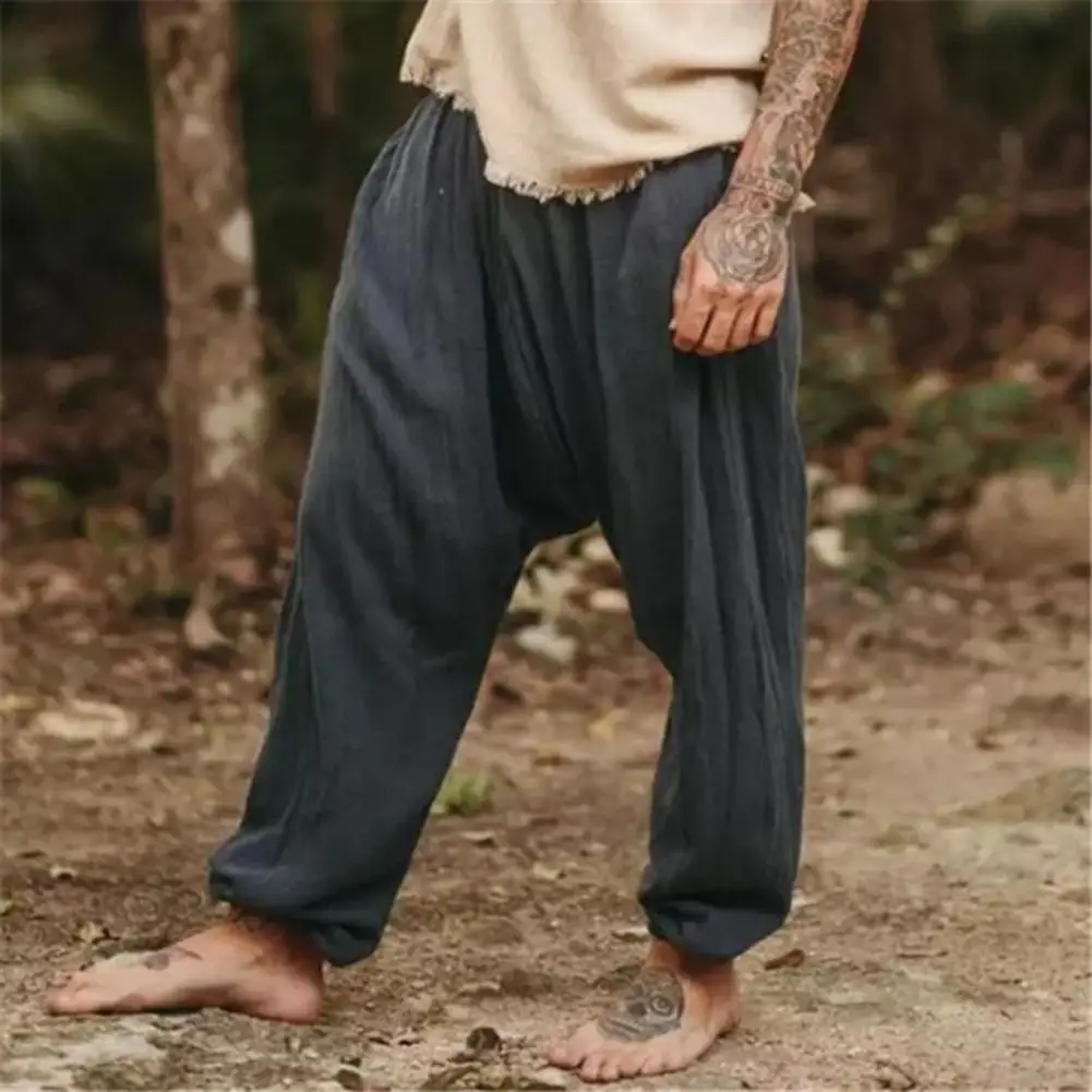

Men Jogger Harem Pants Elastic Waist Solid Color Pocket Baggy Drop-crotch Vintage Long Trousers Hip Hop Male Casual Sweatpants