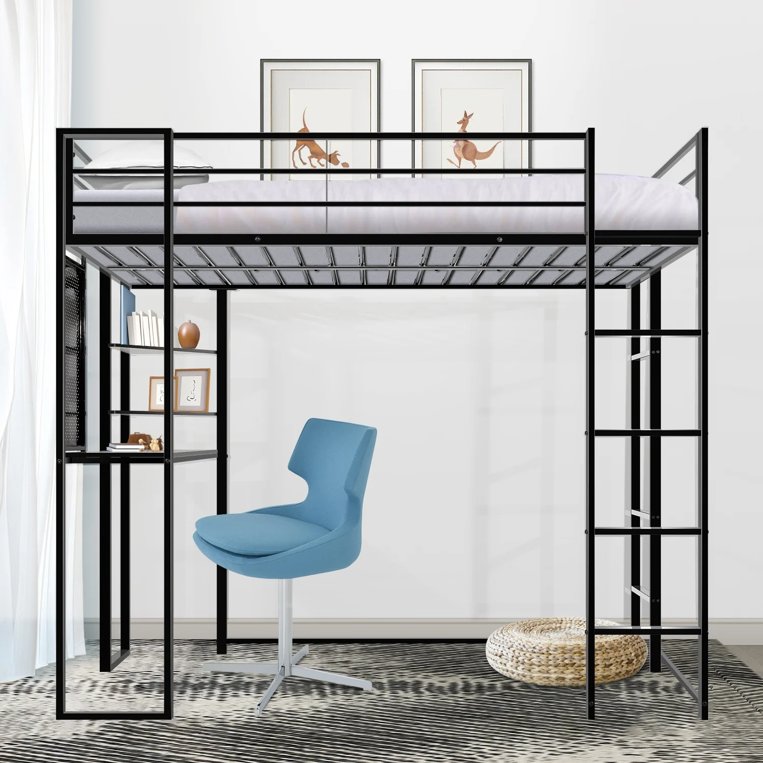 Twin Size Loft Bed with Desk and Shelves, Metal Loft Bed with 2 Built-in Ladders 79.53"L x 42.13"W x 72.01"H
Twin Size Loft Bed with Desk and Shelves, Metal Loft Bed with 2 Built-in Ladders 79.53"L x 42.13"W x 72.01"H