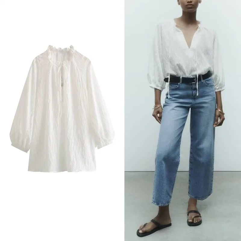 TRAF Woman Ragged Edge Textured Blouse Tops Ruffled Round Neck Shirts Fashion Long Sleeves Lace Up Blouse Women Casual Blouse
TRAF Woman Ragged Edge Textured Blouse Tops Ruffled Round Neck Shirts Fashion Long Sleeves Lace Up Blouse Women Casual Blouse