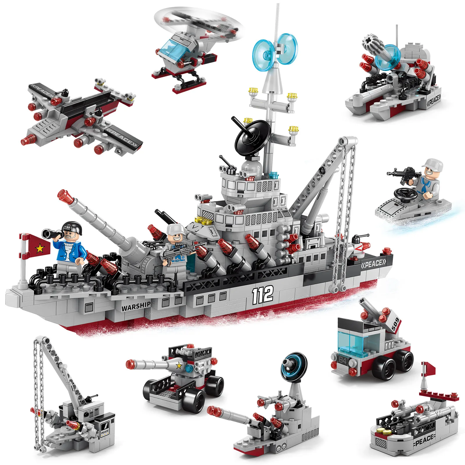 8 in 1 Battleship Building Blocks Kits, 25 Models Military WW2 Star War Warship with Army Vehicles, Helicopter (651 pcs)
8 in 1 Battleship Building Blocks Kits, 25 Models Military WW2 Star War Warship with Army Vehicles, Helicopter (651 pcs)