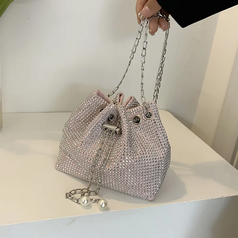 

Женская модная сумка-ведро со стразами, женская сумка на плечо с жемчужной цепочкой в стиле ретро, блестящие маленькие сумки через плечо, женские сумки