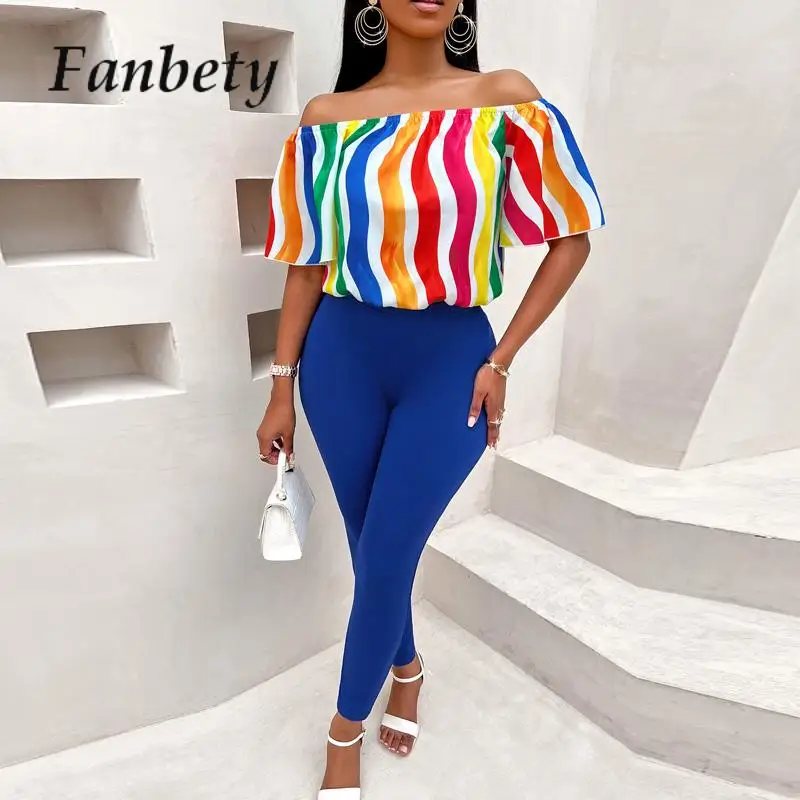 Women Striped Colored Blouse Off Shoulder Shirts with Skinny Pants Sets Summer Short Sleeve Club Party Outfits 2023 Slim Suits
Women Striped Colored Blouse Off Shoulder Shirts with Skinny Pants Sets Summer Short Sleeve Club Party Outfits 2023 Slim Suits