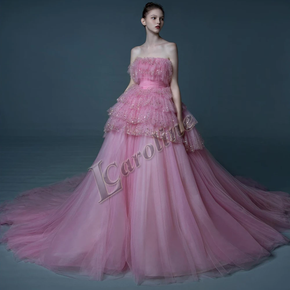 Caroline Attractive Strapless Sleeveless Tulle Sequins Bling Backless Tiered Ball Gowns Princess Prom Dress Personalised De Gala
Caroline Attractive Strapless Sleeveless Tulle Sequins Bling Backless Tiered Ball Gowns Princess Prom Dress Personalised De Gala
