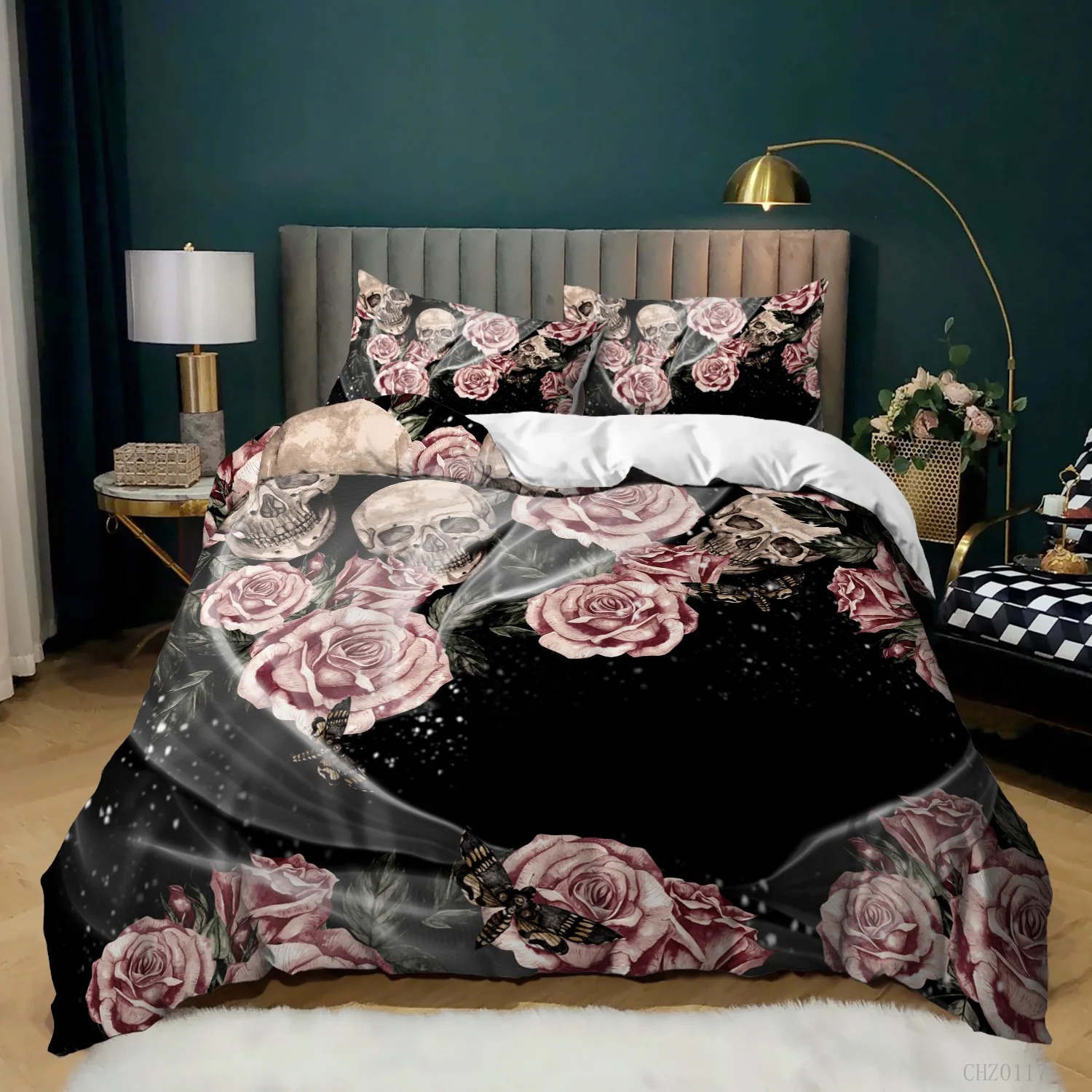 

Skull Duvet Cover Gothic Floral Bedding Set Lotus Flower Sketch Comforter Cover Retro Leaf Skeleton Bones Polyester Quilt Cover