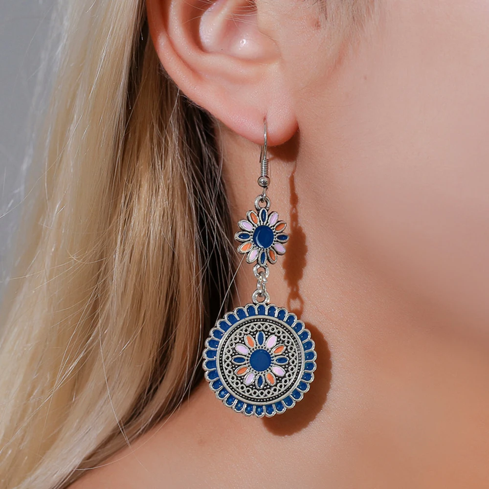 

Ethnic Style Long Small Daisy Vintage Earrings Palace Carved Metal Flower Totem Dangle Earrings For Women Jewelry