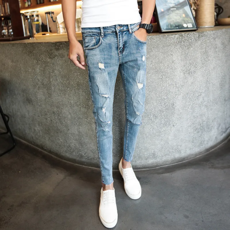 Korean Summer 2022 Fashion Denim Jeans Men's Slim Feet Pants Skinny Stretch Trendy Beggar Pants Knee Holes Pencil Pants For Men
Korean Summer 2022 Fashion Denim Jeans Men's Slim Feet Pants Skinny Stretch Trendy Beggar Pants Knee Holes Pencil Pants For Men