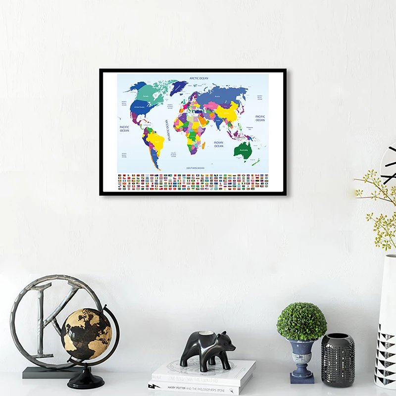 

The World Map with National Flags Modern Unframed Canvas Painting Wall Art Poster Home Living Room Decor School Supplies 84*59cm