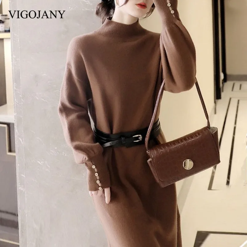 VigoJany Winter Women Brown Turtleneck Sweater Dress 2022 Long Sleeve Belt Midi Dress Ladies Ribbed Cashmere Warm Knitted Dress
VigoJany Winter Women Brown Turtleneck Sweater Dress 2022 Long Sleeve Belt Midi Dress Ladies Ribbed Cashmere Warm Knitted Dress