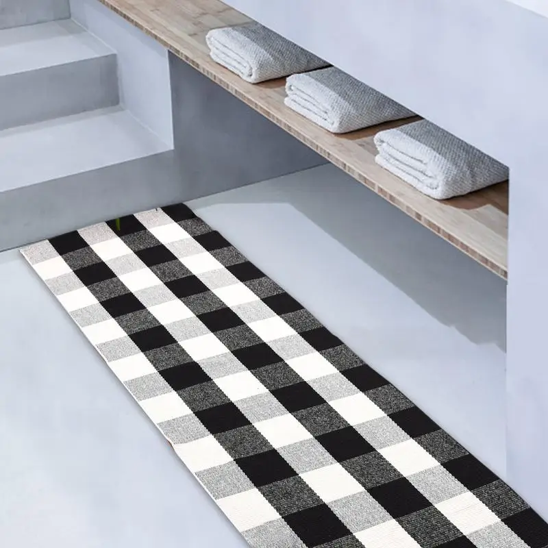 

Cotton Buffalo Plaid Rugs Black And White Checkered Rug Welcome Door Mat Rug Washable Woven Braided Throw Mat