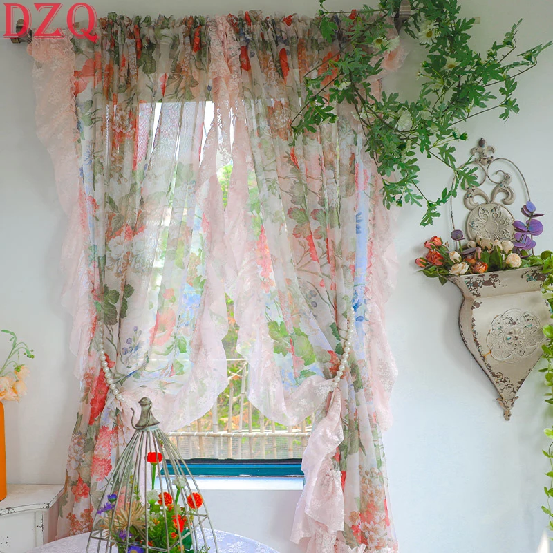 

Idyllic American Rural Flowers Tulle Door Curtains Floral Warp Ruffled Gauze Curtains for Kitchen Pink Lace Roman Curtains #A285