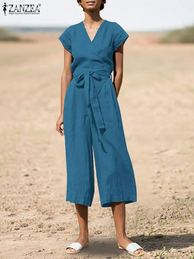 2022 ZANZEA Summer Solid Color Women's Jumpsuit V-Neck Short Sleeve Lace-Up Rompers Fashion Elegant Holiday Work Wide Leg Pant
2022 ZANZEA Summer Solid Color Women's Jumpsuit V-Neck Short Sleeve Lace-Up Rompers Fashion Elegant Holiday Work Wide Leg Pant
