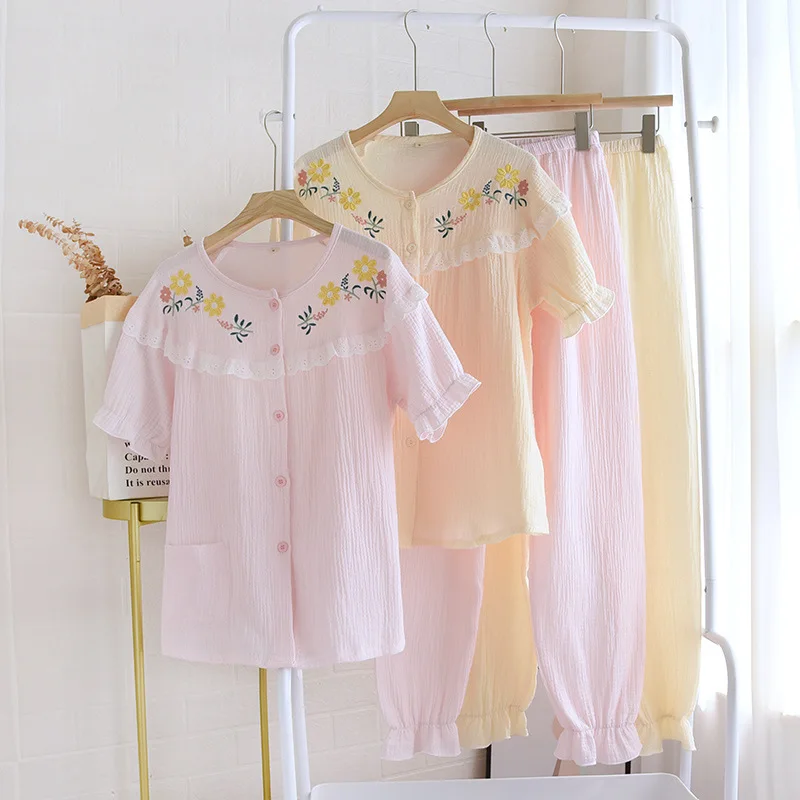 

New Spring Summer Pajamas For Women 100% Cotton Crepe Embroidered Homewear Set Simple Fresh Two Piece Pyjamas Female Home Suits