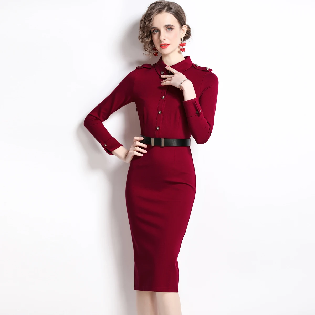 2022 Spring Elegant Office Women New Vintage Slim Burgundy Single Breasted Sheath Dress Long Sleeve Office Lady Working Dress
2022 Spring Elegant Office Women New Vintage Slim Burgundy Single Breasted Sheath Dress Long Sleeve Office Lady Working Dress