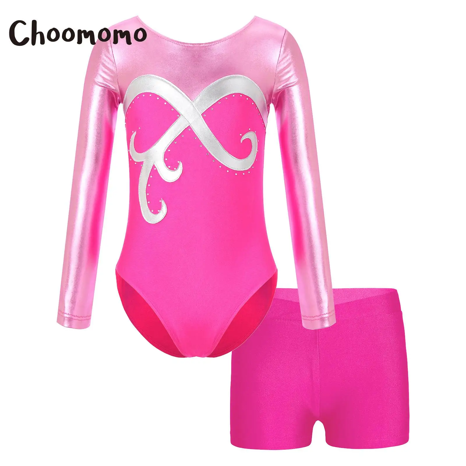 

Choomomo Kids Girls 6-14 Long Sleeve Shiny Rhinestones Decor Leotards with V-front Waistband Shorts for Dance Performance Suits