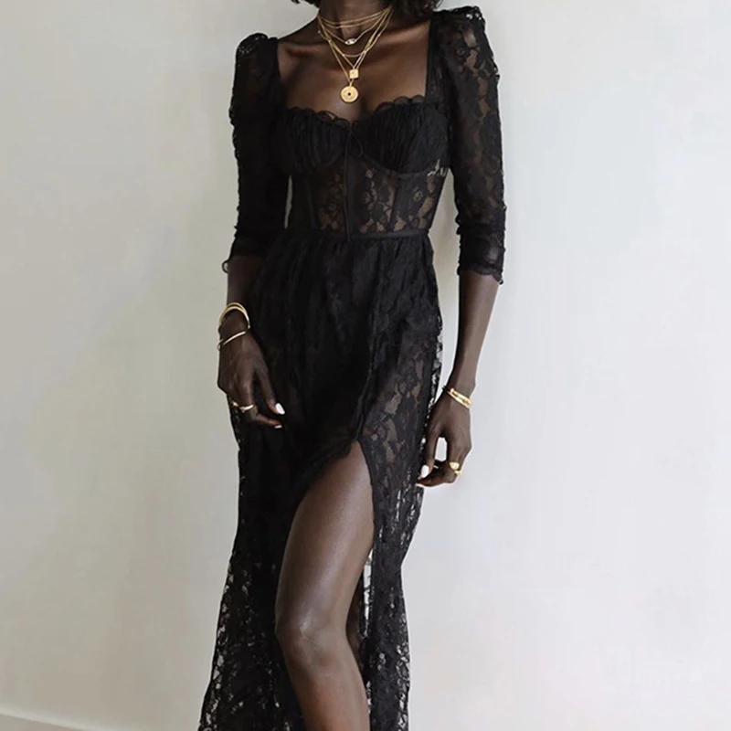 PASSIONNÉ Lace Dresses Women Square Collar Nine-quarter Sleeve Perspective Slim Split Long Dress Female 2023 Autumn Fashion New
PASSIONNÉ Lace Dresses Women Square Collar Nine-quarter Sleeve Perspective Slim Split Long Dress Female 2023 Autumn Fashion New